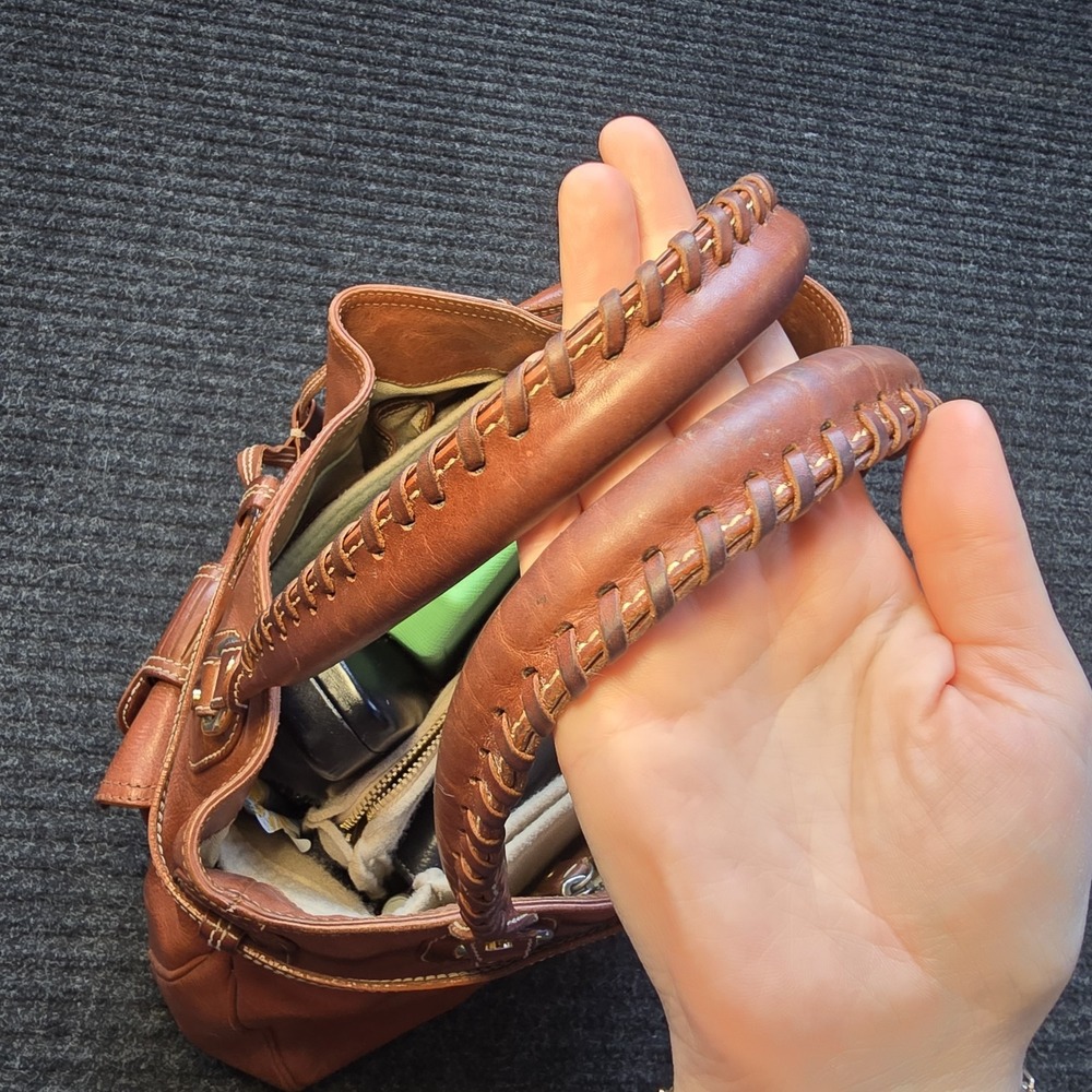 Vtg Michael Kors Double Pocket Buckle Whipstitch Leather Brown Hand Shoulder Bag - Picture 6 of 10